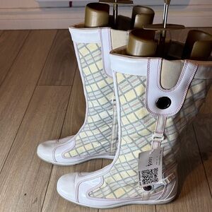 Timberland White and Cream Plaid Over the Knee Boots